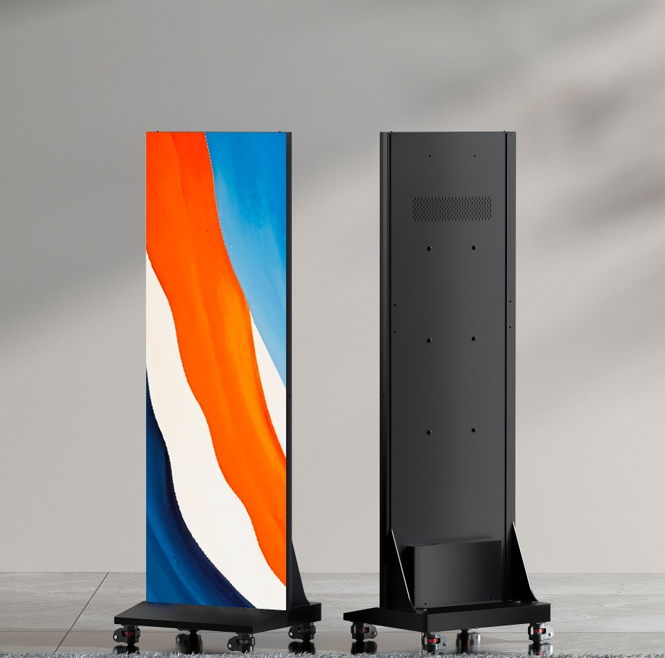 QSTECH LED Poster freestanding 72-inch LED display, front and rear views on caster base