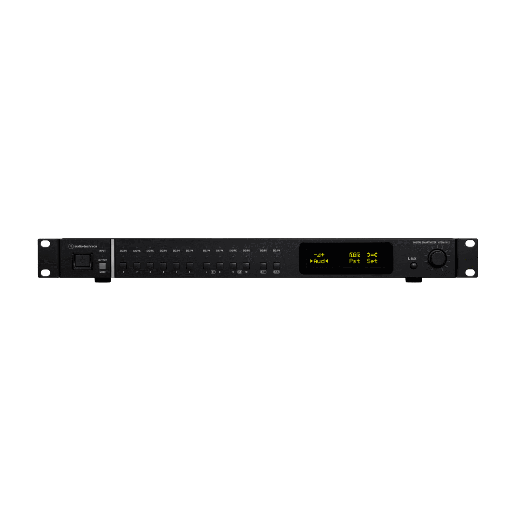Audio-Technica ATDM-1012 10-Channel Digital Smart Mixer with A-T LINK compatibility; 14 input/12 bus matrix with 10 mic/line inputs, 2 stereo line inputs, USB audio I/O, 8 balanced outputs and 2 unbalanced stereo outputs